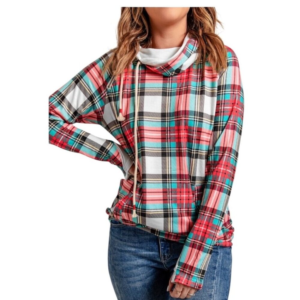Plaid Cowl Neck Hoodie With Pockets Thumb Holes‎ Double Layer Hood Women's Small